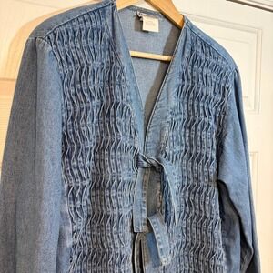 Saint Germain Vintage 90s Smocked Tie Front Lightweight Denim Jacket Cotton L